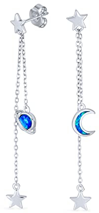 Elegante himmlische Halbmond Sterne lange Kette baumeln Ohrringe blau schillernd Kreiert Opal Inlay Edelsteinschmuck für Frauen & Jugendliche 925 Sterling Silber