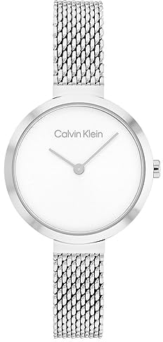 Calvin Klein Analog Quarzuhr für Damen Kollektion Minimalistic T BAR 28MM MESH mit Silbernes Edelstahl-Mesh-Gliederarmband - 25200082