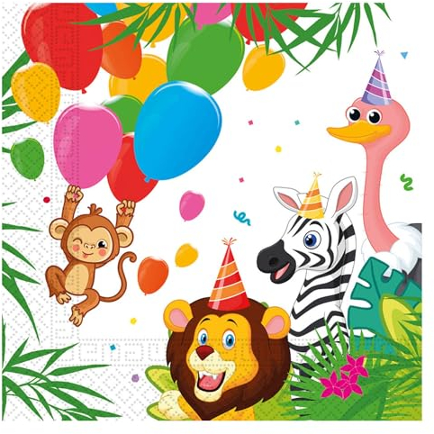 Procos - Papierservietten Jungle Balloons Party (33 x 33 cm, Doppeltuch), 20 Stück, mehrfarbig, 93782