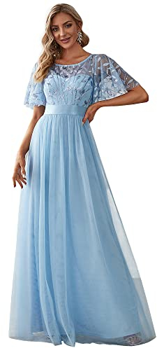 Ever-Pretty Damen Rundhalsausschnitt Kurze Ärmel Pailletten Tüll Elegant Maxi Brautjungfernkleid Himmelblau 50