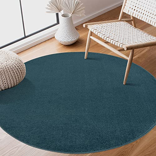 SANAT Kurzflor Teppich Wohnzimmer - Uni Modern Teppiche fürs Schlafzimmer, Arbeitszimmer, Büro, Flur, Kinderzimmer und Küche - Dunkelblau, 120 cm Rund