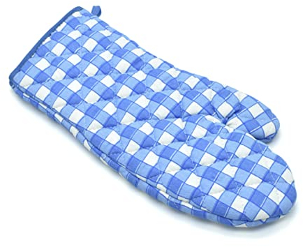 Pack of 2 Single Oven Glove Kitchen Accessory Gauntlet Mitts Gingham Check Non Slip for Grill/BBQ/Cooking/Baking (Blue)