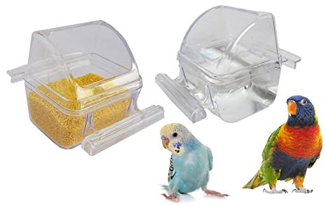 2 Pack Bird Feeders for Cage No Mess Parakeet Food Bowl with Cover Clear Hanging Parrot Water Dispenser Perch Cup Waterer Bird Dishes Seed Cage Cups Slot Replacement Feeder Bowls