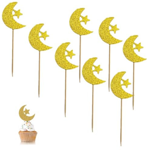 48 Stück Glitzer Cupcake Topper Stern Cupcake Topper Mond Party Supplies Gold Cake Toppers Muslim Party Supplies for Birthday Cake Cupcake