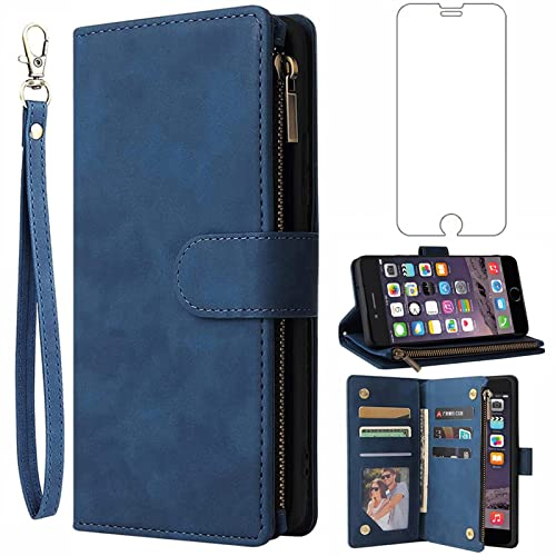 Asuwish Handyhülle für iPhone 7 Plus/8 Plus Hülle mit Folie Schutzfolie und Kartenfach Klappbar Leder Geldbörse Ständer Reißverschluss i 7Plus 8Plus + 7+ 8+ Handy Hüllen Schutzhülle Phone Case Blau