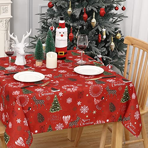Hapterouse Rote Weihnachtstischdecke Abwaschbar Quadratisch Wasserfest für Weihnachtsfeiern, Urlaub, Winter Heimdekoration, 132x132cm