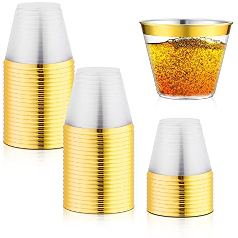 Delamiya 50 Stück Sektgläser Plastik 255ml, Wiederverwendbar Trinkbecher Plastikbecher Mit Goldrand, für Party Hochzeit Picknick Geburtstag Strand Camping