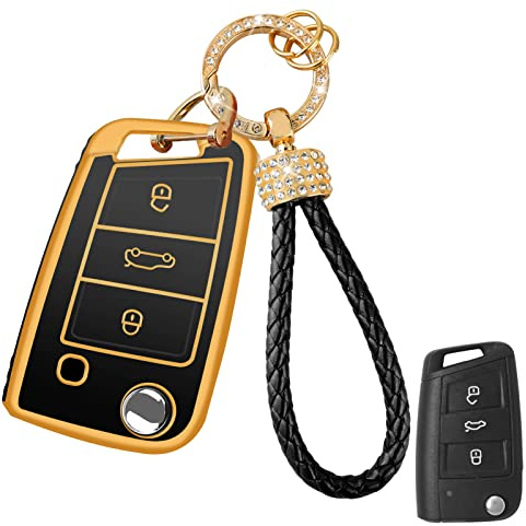 Yumzeco Silicone TPU Autoschlüssel Hülle Cover, 3 Tasten Autoschlüssel Cover Kompatibel mit VW Passat Jetta MK1 MK6 Golf Touran Skoda, Auto Keyless Smartkey Schutzhülle mit Schlüsselbund(Schwarz)