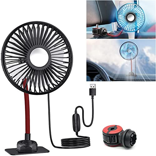 Punasi Car Fan, 2-in 1 USB Fan with 3 Wind Speeds, 360° Rotation Electric Vehicle Cooling Fan with Clip and Adhesive Base for Baby Dog Car Backseat Dashboard Home Office