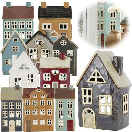 LS-LebenStil Teelichthaus Lichthaus 19cm Blau Grau Keramik Fachwerkhaus Nyhavn Teelichthalter Windlichthalter Kerzenständer Teelichtständer Windlicht für Teelichter Lichterhaus Fachwerkhaus