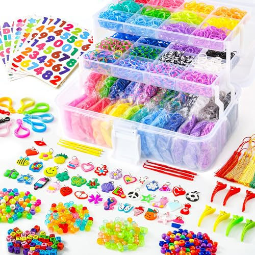 Inscraft 17500+ Loom Bänder Set, 28 Farben Loom Gummibänder für Armbänder, Loop Armbänder set Kinder zum Halsketten und Gummi Armband basteln, Nachfüllset mit 600 Clips, 352 Perlen & Aufbewahrungsbox