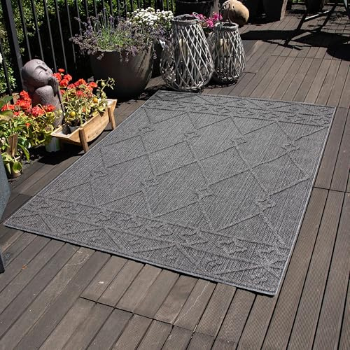 Carpettex Outdoor Teppich Wetterfest 80 x 150 cm Läufer, Sisaloptik, Grau - Ideal für Balkon, Garten, Terrasse, Camping und als Küchenläufer - Waschbarer Teppich, Berber Design, Flachgewebe