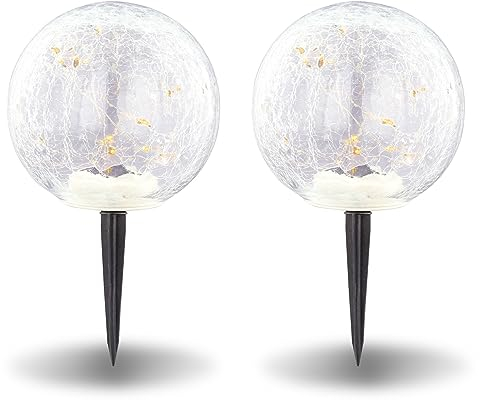 bmf-versand® Solarlampe für außen Garten 2er Set - Gartendeko für draußen Solarkugel Crackle Glas 15 cm Durchmesser - Solarleuchte Garten Wetterfest LED Gartenbeleuchtung Solar 25,5 cm Hoch