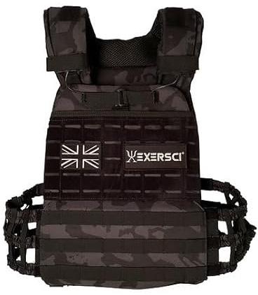 Exersci® Tactical Weighted Vest (1.5kg - 23.5kg) - Calisthenics, Bodyweight Workouts, HIIT, Cardio & Strength Training (15kg Vest (Vest + 2 x 4.25kg + 5kg Plate), BLACK CAMO)