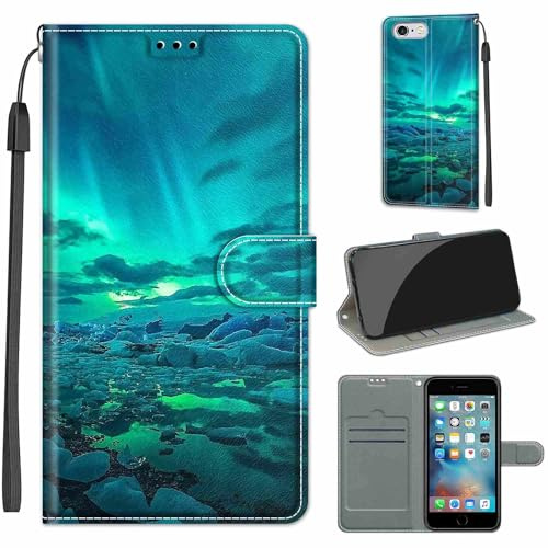 KENHONER Wallet Case for iPhone 6 / 6s, green aurora | PU Leather Shockproof Protective, Kickstand, Flip Wallet, Magnetic Closure,Lanyard