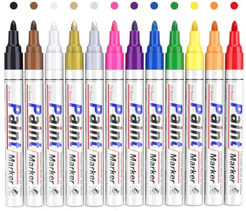 Permanent Marker Wasserfeste Stifte: 12 Farben Permanentmarker, Glasstifte und Lackstifte zum Zeichnen auf Stein, Metall, Kunststoff, Tassen, Holz, Keramik, und Reifen, Farbechte Marker auf Ölbasis
