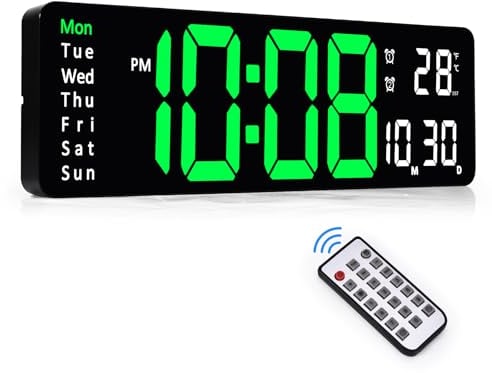 Sukeen Digitale Wanduhr, 13 Digital Uhr Wanduhr, LED Wanduhr Digital mit Fernbedienung, Digital Wecker mit Timing & Countdown, Datum, Woche, Temperatur, Dimmen für Schlafzimmer, Wohnzimmer,Büro-Grün