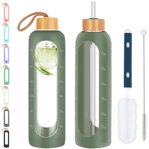 OxyFlask Glass Water Bottles 32 oz - Motivational Drinking Glass Water Bottle with Silicone Sleeve, Straw & 2 Bamboo Lids - 1 Liter Clear Borosilicate Daily Intake Tumbler with Time Marker - Olive