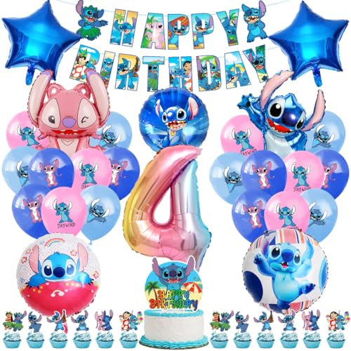 Luftballons Kinder Geburtstag Deko 4 Jahre, Foil Balloons Geburtstagsdeko, Party Deko Set mit Tortendeko und Happy Birthday Banner für Kindergeburtstag 4. Mädchen Junge Party Dekoration