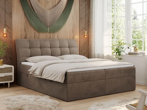 MKS MEBLE Boxspringbett 160x200 Braun Samt, Bett mit Multipocket Matratze H3 und Topper, Polsterbett 160x200 mit Bettkasten und Kopfteil, DIEGOS Braun Velvet