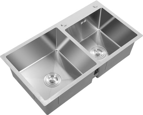 Brushed Stainless Steel Rectangular Kitchen Sink Modern Inset Various Styles 2.0 Double Bowl + Waste,78 * 43 * 21,Undermount Topmount Fitting into Sink Unit, Large Sink Bowl, Kitchen Essential