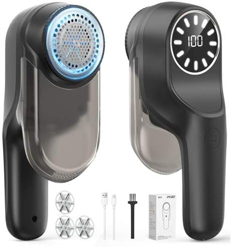 PKBD Rechargeable Rasoir Anti Bouloche Électrique avec 3 Lames Supplémentaires, Écran LED, 2 Grilles Adaptatives et Grand Espace de Rangement - Enlève Facilement Les Bouloche des Vêtements, Ferreux