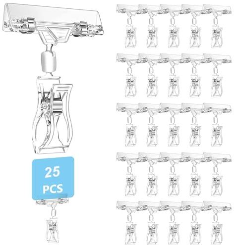 Bhina 25 Stück Kunststoff Drehbare Schildhalter Drehbare Preis Schildhalter Preisschildhalter Schildhalter Clip Merchandise Schild Clip Display Clip Halter für Supermärkten, Familie, Büros, Klar