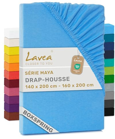 Lavea® Spannbettlaken 140-160x200 cm - für Boxspringbett – Himmelblau | Jersey Spannbetttuch mit 40 cm Steghöhe, 100% Baumwolle, weich, atmungsaktiv, pflegeleicht, formstabil – Perfekte Passform