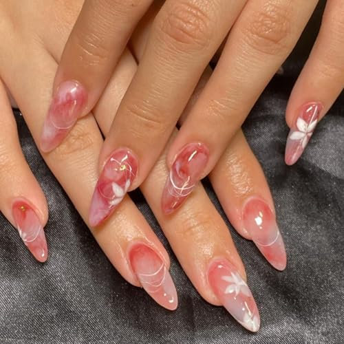 Ceboic 24 Pièces Amande Faux Ongles Long Rouge Acrylique Press on Nails Couverture Complète Français Ongles à Coller Artificiel Ongles à Presser pour Femmes et Filles - Feuille d'érable