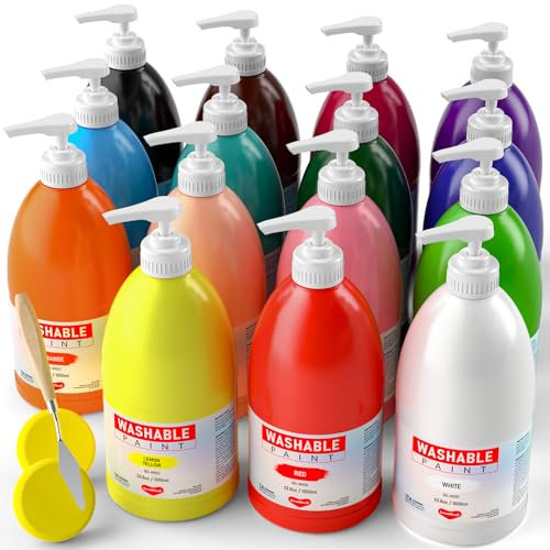 Smallbudi 15 Colors Large Washable Paint Set (33.8oz/ 1000ml), Bulk Painting Supplies Non Toxic Tempera Paint for Kids Toddlers, Poster & Finger Paint for Art DIY Craft Classroom School Home-with Pump