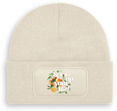 Prozente Momente Spritz up Your Life - Beanie | Strickmütze | Wollmütze | Beanie mit Druck | lustige Sprüche | Apres-Ski | Winter | Beige