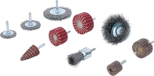 BGS 74499 | Bürsten- und Schleiflamellenrad-Satz | 10-tlg. | Für Stabschleifer und Bohrmaschinen | 6,3 mm (1/4) Aufnahme | Drahtbürsten, Lamellenräder, Fächerscheiben