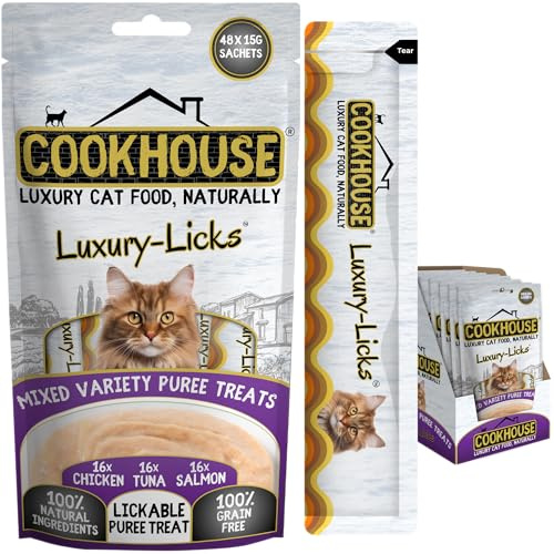 COOKHOUSE Luxury Licks Lickable Cat & Kitten Treats - Mixed Variety - 48 x 15g Sachets - Soft & Creamy Puree - Healthy & Grain Free - 100% Natural Ingredients