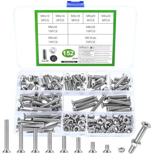 Set di 152 viti M6, dadi a testa svasata in acciaio inox, viti a testa piatta con dadi, viti a croce, set di viti filettate e dadi (M6)