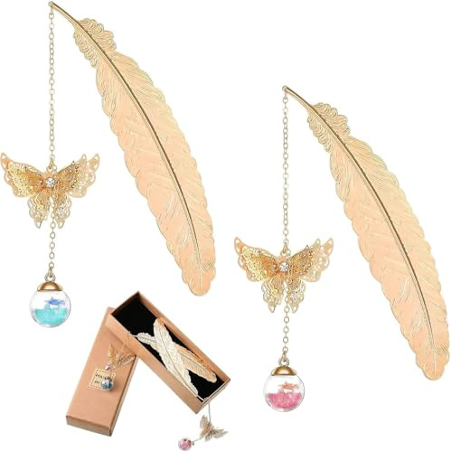 2 Pcs Metall Feder Lesezeichen mit Schmetterling und Glasperlen Anhänger, Ideales Weihnachten/Geburtstag Geschenke für Junge Frauen Lehrerinnen Mama Damen Freundin Oma Adventskalender Füllung Ideen