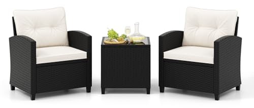 COSTWAY 3-TLG. Rattan Gartenmöbel Set, Balkonmöbel mit Kissen, 2 Stühlen und Tisch, Polyrattan Balkonset, Terrassenmöbel, Gartengarnitur, Sitzgruppe für Terrasse, Balkon, Garten (Cremeweiß)