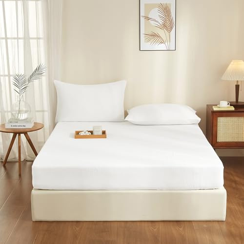 YASMENG Doppelte Muslin Spannbettlaken 140x200cm 100% Baumwolle Weiß Muslin Bettlaken 140x200cm Baumwolle Weich Atmungsaktiv Kuschelige Spannbetttuch Boxspringbett Geeignet für 30cm Matratze