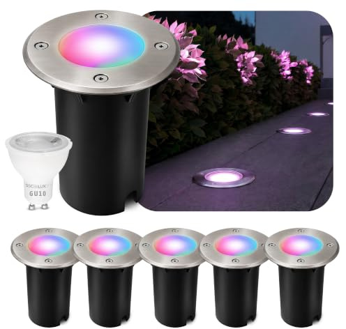 SSC-LUXon KALPA Bodeneinbaustrahler 6er Set silber Smart GU10 WLAN RGBW | Sechs befahrbare Erdstrahler bis 2000kg - per App & Alexa steuerbar, RGB-Farblicht, reihenschaltbar, IP67, inkl. GU10 LED