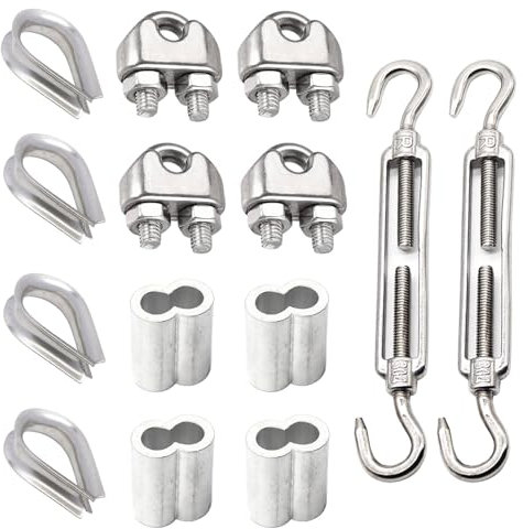 VZU Lot de 14 tendeurs de câble en acier inoxydable M8 avec serre-câble métallique de 8 mm et cosses, tendeur M8 avec crochets et œillets pour corde, fil de jardin, tendeur de clôture