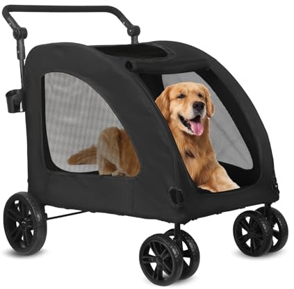Vinteky Poussette pour chien - Chariot pour animaux pliable et transportable jusqu'à 30 kg - Pour chiens de taille moyenne à grande - Avec filets aérés, porte-gobelet (Noir)