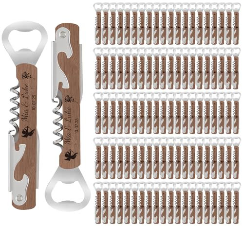 100 Pezzi Apribottiglie in Legno con Cavatappi - Bomboniere Matrimonio Originali per Ospiti in Naturale | Regali Personalizzati con Nome & Multifunzione