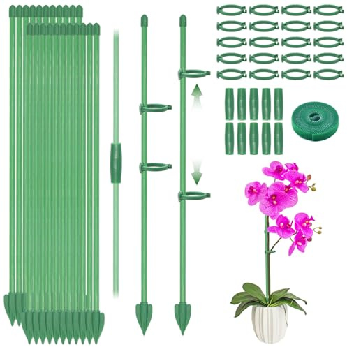 Forbabe Pflanzenstütze, 20 Stück 30cm Pflanzenhalter mit 10 Verbinder 20 Karabinern 20 Pfeilförmige Erdungsstecker und 1 Rolle Klettverschluss für Tomatenstäbe Blumenstütze Bohnen Rankhilfe (91PCS)