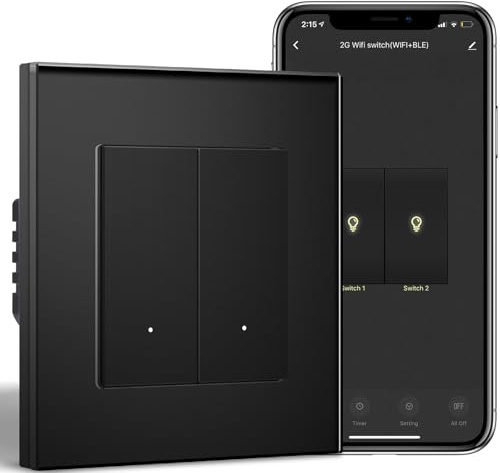 BSEEDLIFE WIFI Interruptor Inteligente Pared,2 Gang 1 Vía 86 * 86mm,Interruptor WIFI Commutador de luz Compatible con Alexa y Google Home(Aplicación Tuya/Smart Life),Negro