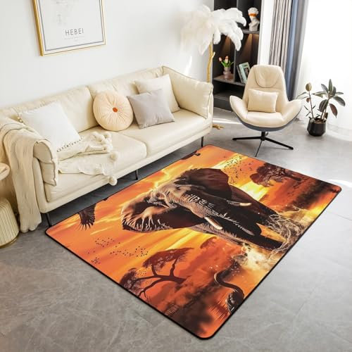 Homewish Tapis Salon 3D Éléphant Tapis Chambre Thème de Safari Sauvage Tapis Sol 150x200 Oiseaux D'Éléphant Africain Imprimer Tapis de Salon Paysage Naturel Esthétique