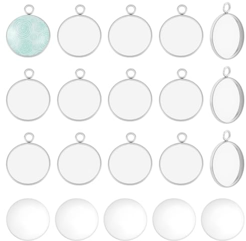 UNICRAFTALE 20 Set 20mm Edelstahl Anhänger Cabochon Fassungen Flache Runde Leere Lünetten Anhängerschalen Anhänger Bastelsets Und Klare Glas Cabochons Für Halsketten Basteln Schmuckherstellung DIY