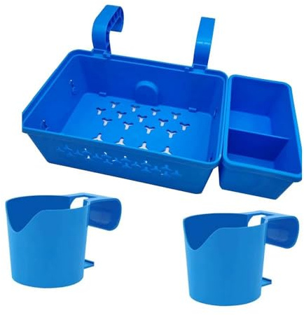 Pool-Aufbewahrungskorb mit 2 Getränkehaltern, Abnehmbare Ablage für Schwimmbadrand, Ideal für Aufstellpools & Whirlpools, Wetterfest & langlebig (+2 Getränkehalter, Blau)