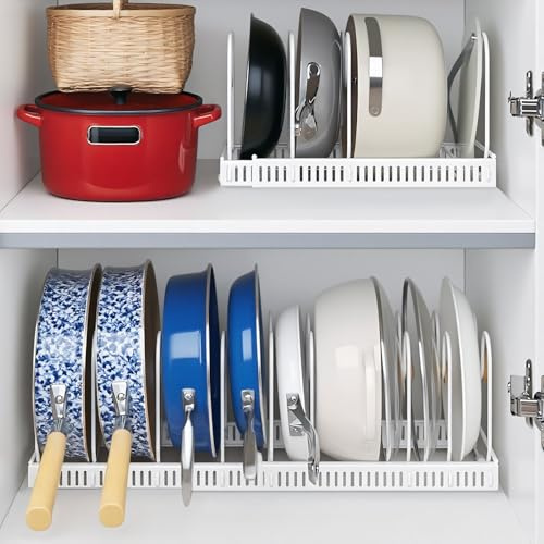 Porta Coperchi Pentole con 10 Scomparti Regolabili, Organizer Padelle Salvaspazio Espandibile, Organizzatore Portacoperchi Interno Mobile Allungabile Cucina per Coperchio Padelles Cassettone (Bianco)
