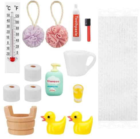 Wichtel Zubehör, Miniatur Wichtelzubehör Bade-Set, mit Mini Zahnpasta Zahnbürste Badeschwamm Ente Klopapier Rollen Toilettenartikel, für Weihnachten Wichteltür Puppenhaus Badezimmer Zubehör Möbel Deko