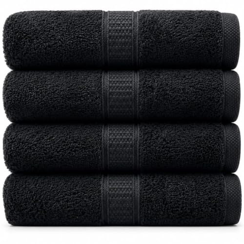 Harmatex 4 teiliges Premium Handtuchset - 100% Baumwolle 550 g/m², weich, fusselarm, saugstark, 2 Aufhängeschlaufen, 50X100 cm, schnelltrocknend (Schwarz, 4 Handtücher (50X100cm))