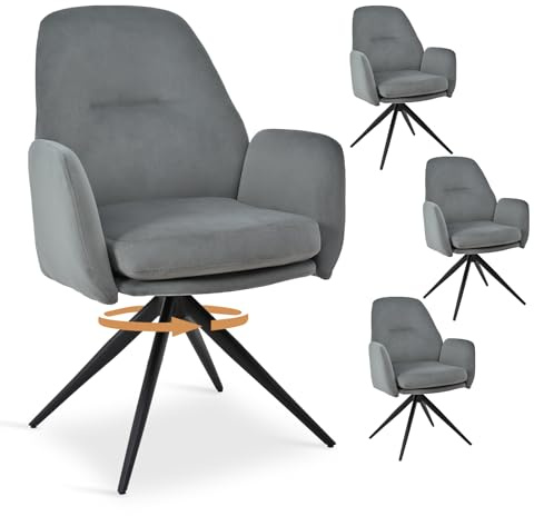 Bon Furni 360°drehbarer Esszimmerstühle 4er Set mit Armlehnen, Bequeme Polsterstuhl aus Samt mit Hoher Rückenlehne Armlehnenstuhl für Esszimmer und Wohnzimmer, Hellgrau